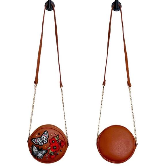 Olivia Miller Embroidered Patches Crossbody Bag Round Brown Floral Butterfly - Picture 3 of 12